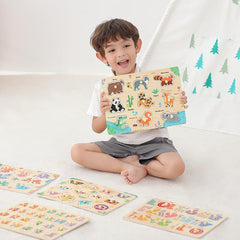 GRINNNIE ABC puzzle supports letter recognition with bright, tactile pegs