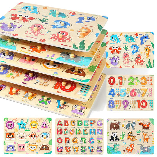 GRINNNIE wooden number puzzle enhances early numeracy with colorful, chunky pieces