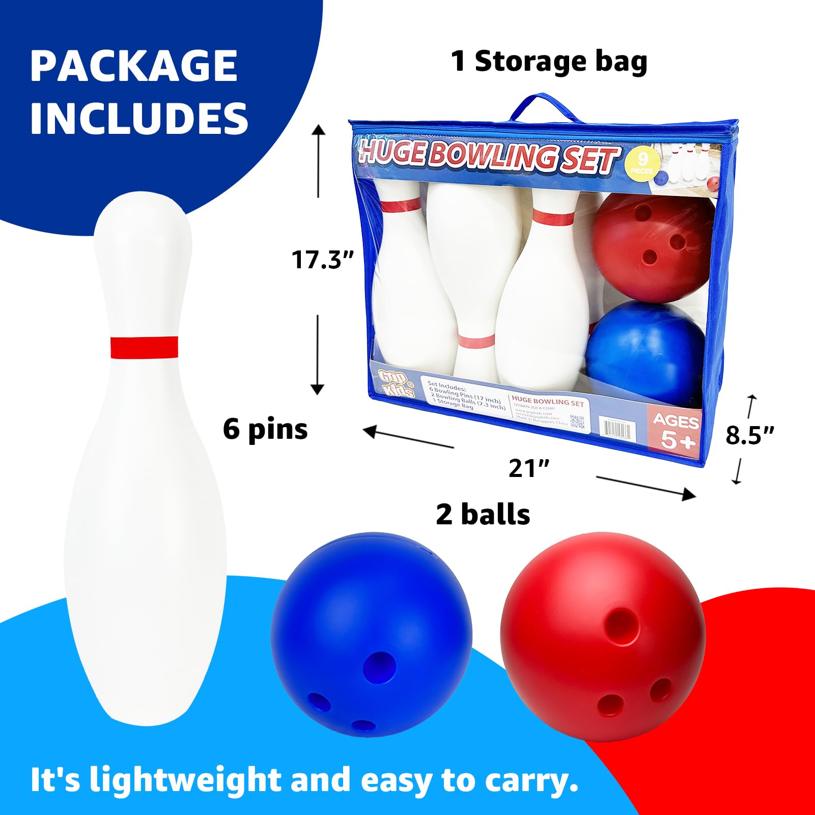 Grip Kids bowling balls designed for easy aim and knockdown.