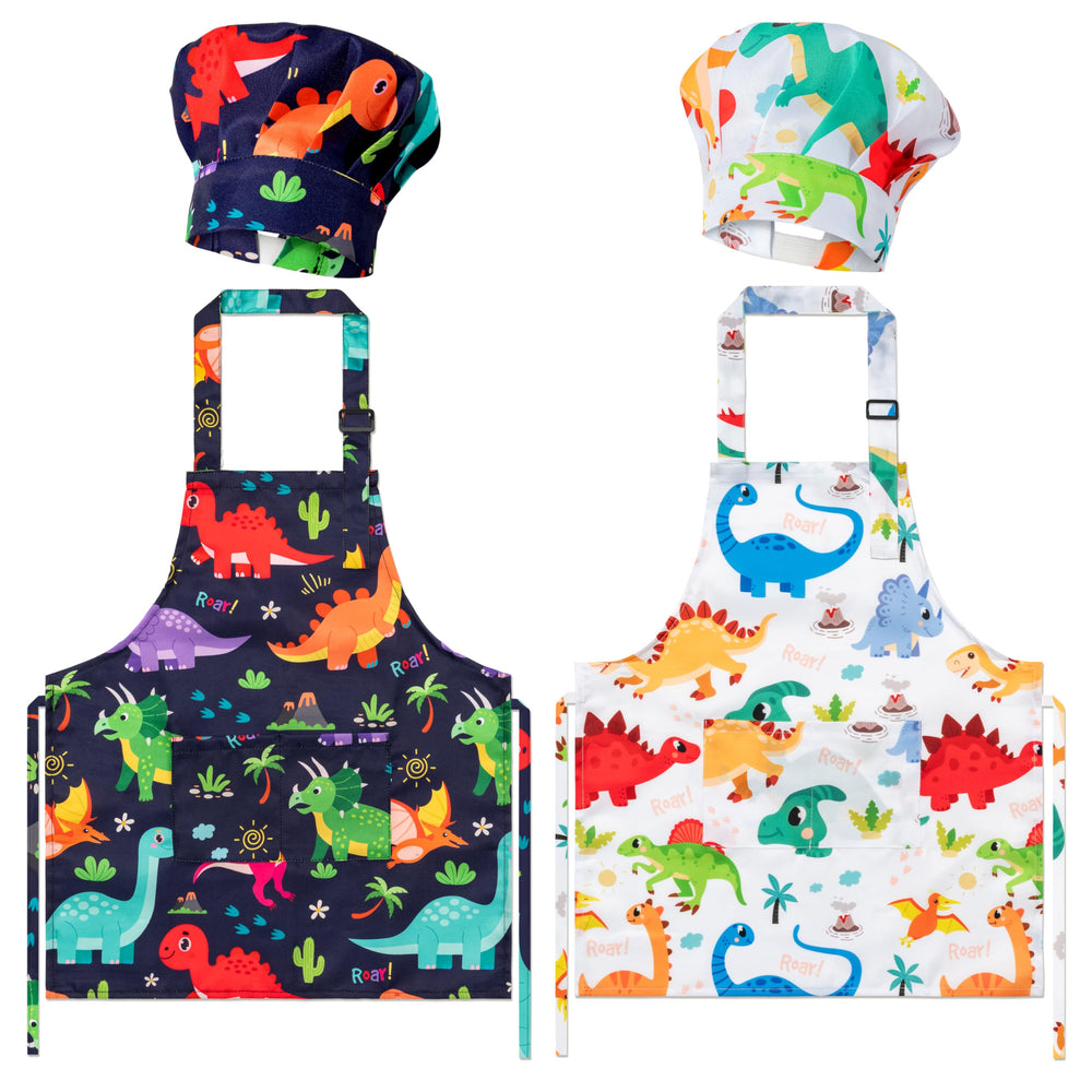 GROBRO7 dinosaurs world kids apron and hat set with adjustable neck strap and pockets.
