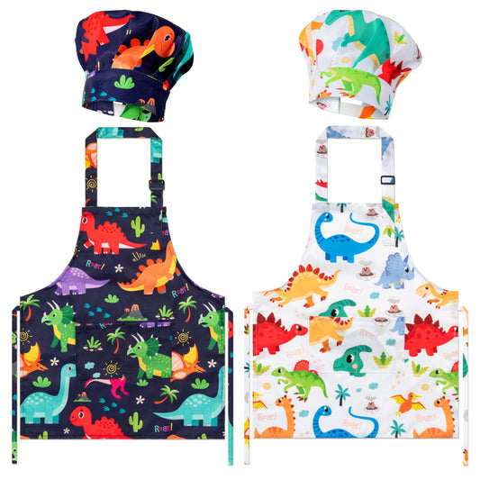 GROBRO7 dinosaurs world kids apron and hat set with adjustable neck strap and pockets.