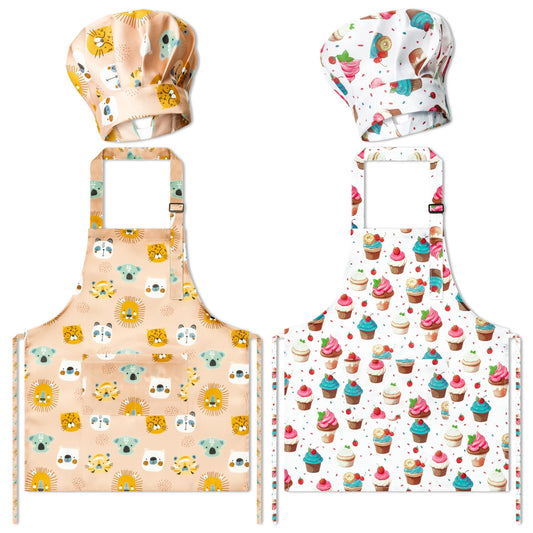 GROBRO7 kids apron with strawberry cupcake print, ideal for baking play
