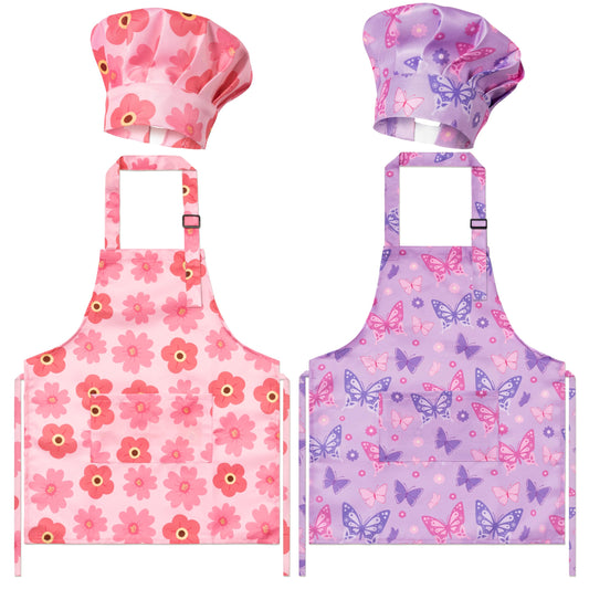 GROBRO7 pink floral apron set for girls protects clothes during cooking