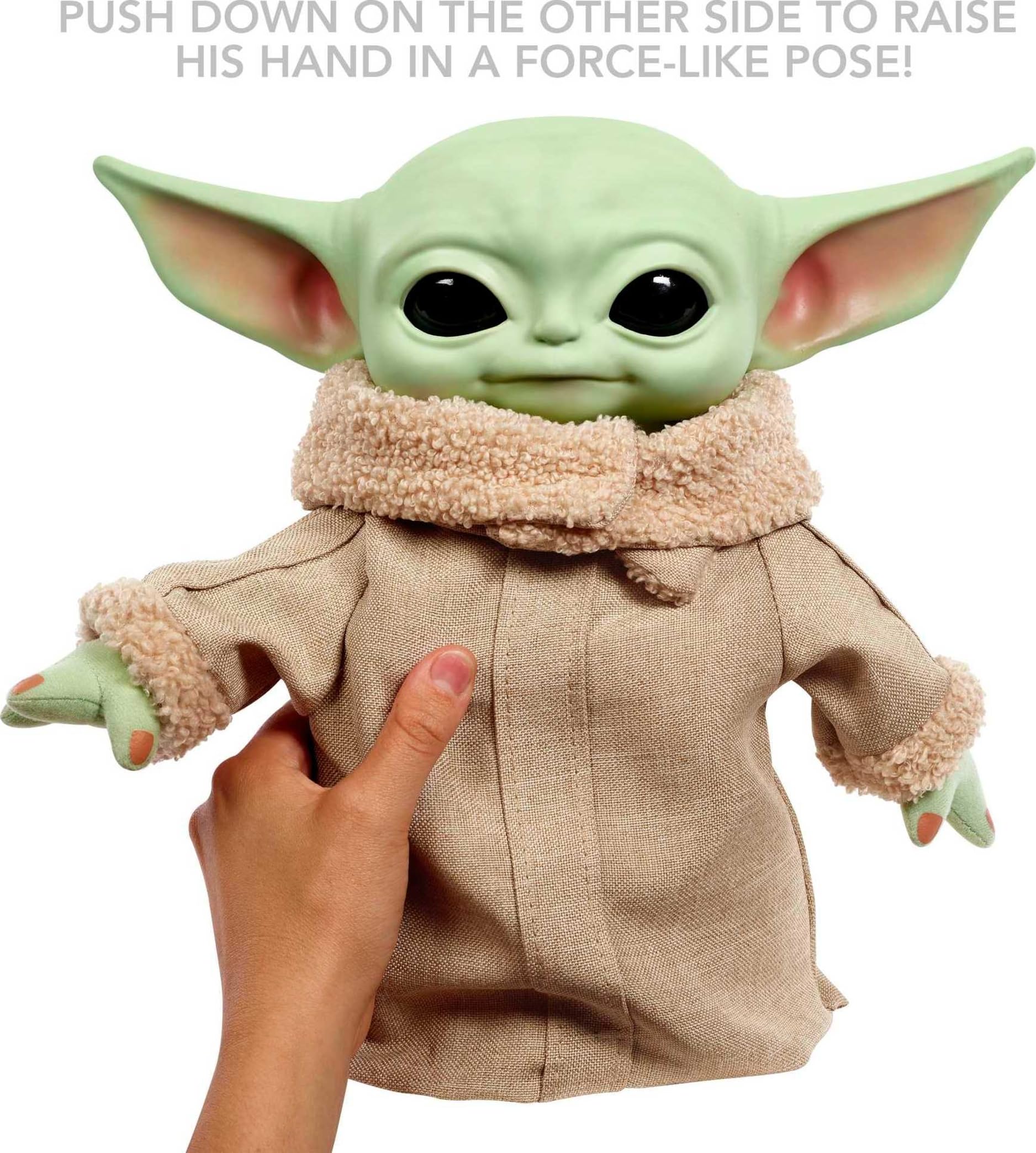 Mattel Grogu plush raises hand in a force-like pose.