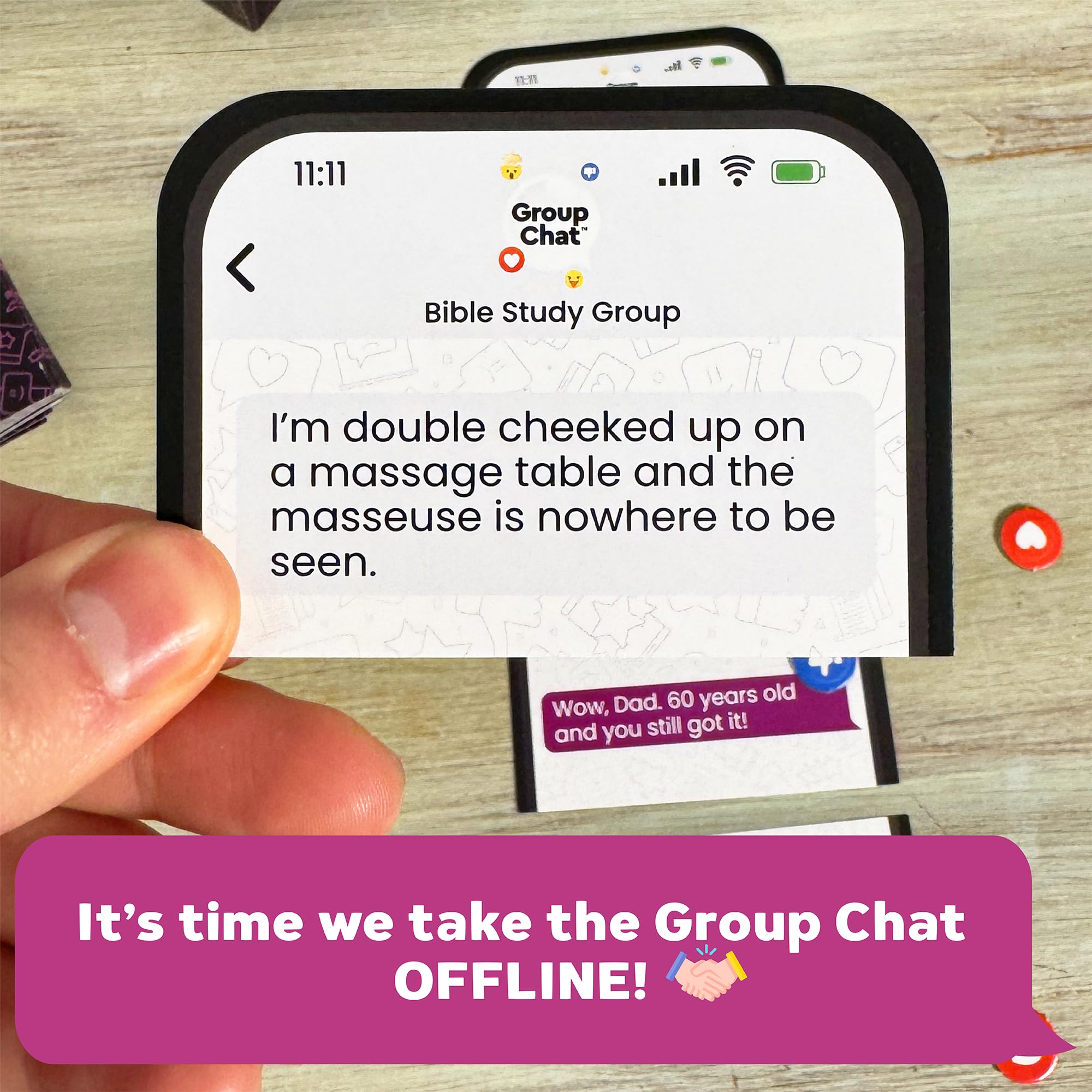 Group Chat 300-reply-cards spread on table for rapid-fire responses