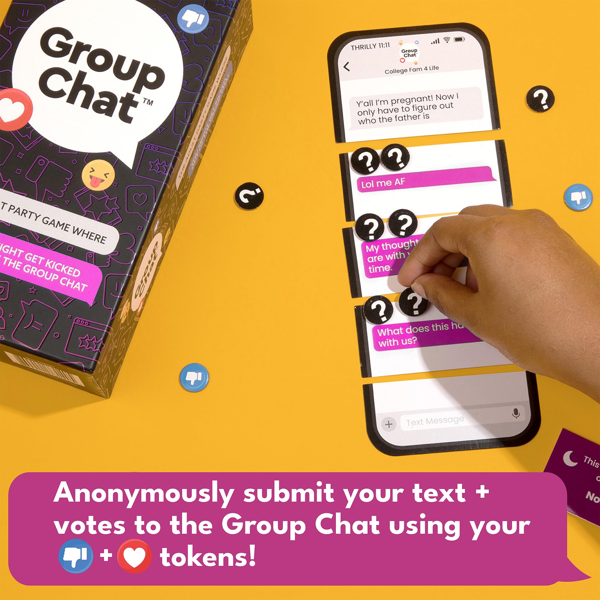 Group Chat voting-tokens-heart-thumb for real-time scoring and banter