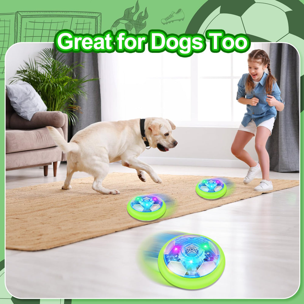 Growsland hover soccer ball a kid playing with friends on a hardwood floor