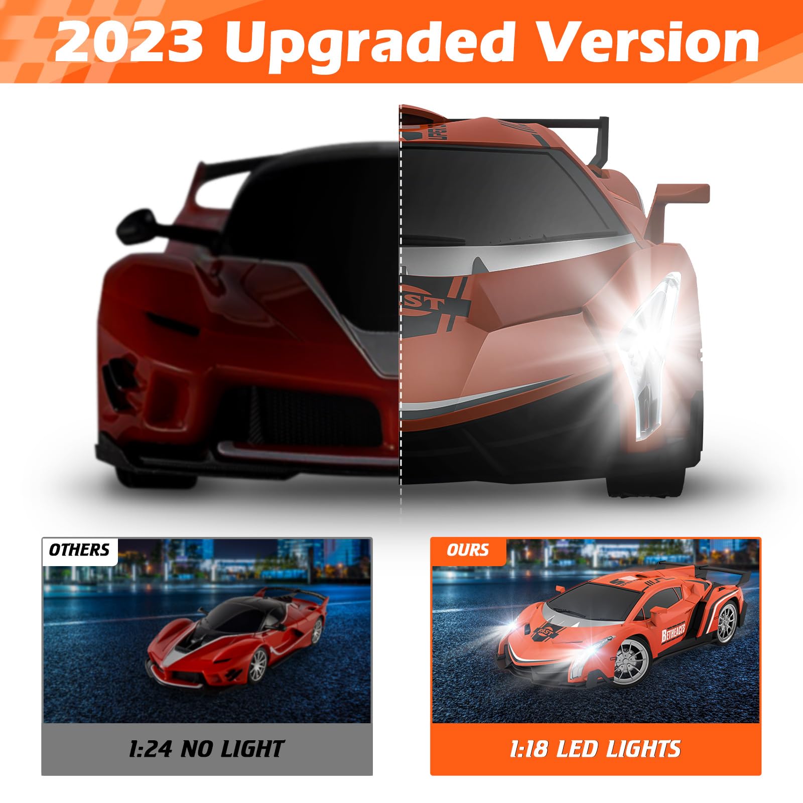 Growsland RC car orange top view highlighting 2.4 GHz controller for interference-free racing
