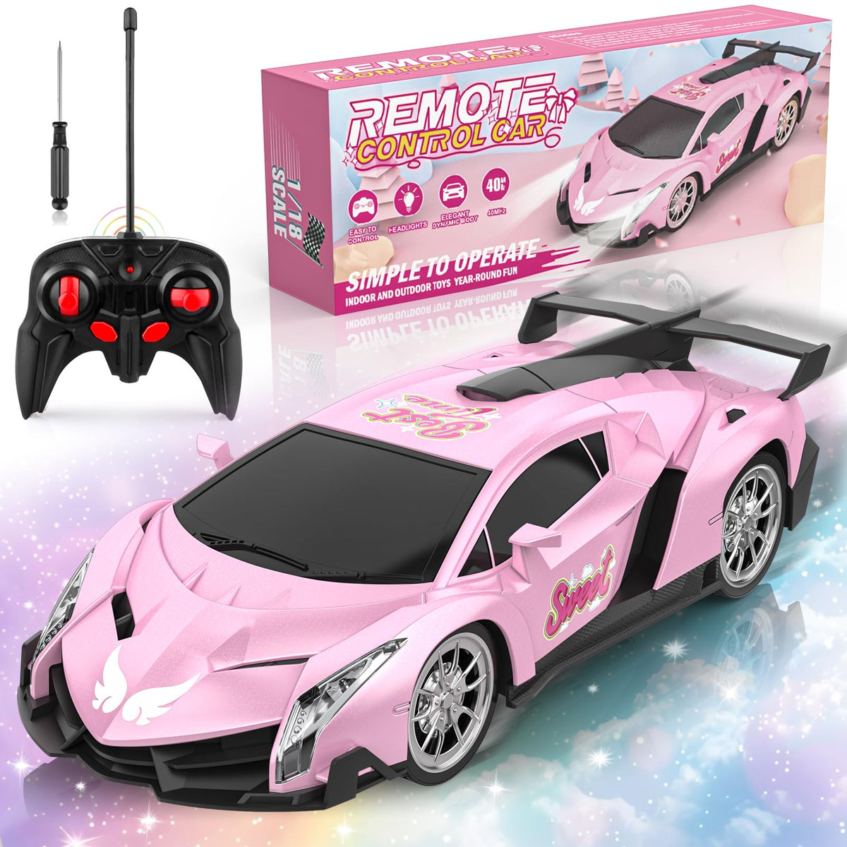 Growsland remote control car pink front view showing bright LED lights for action.