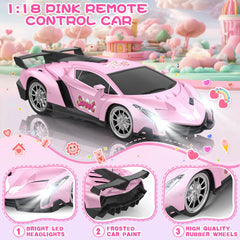 Growsland RC car pink with LED headlights illuminated for night play.