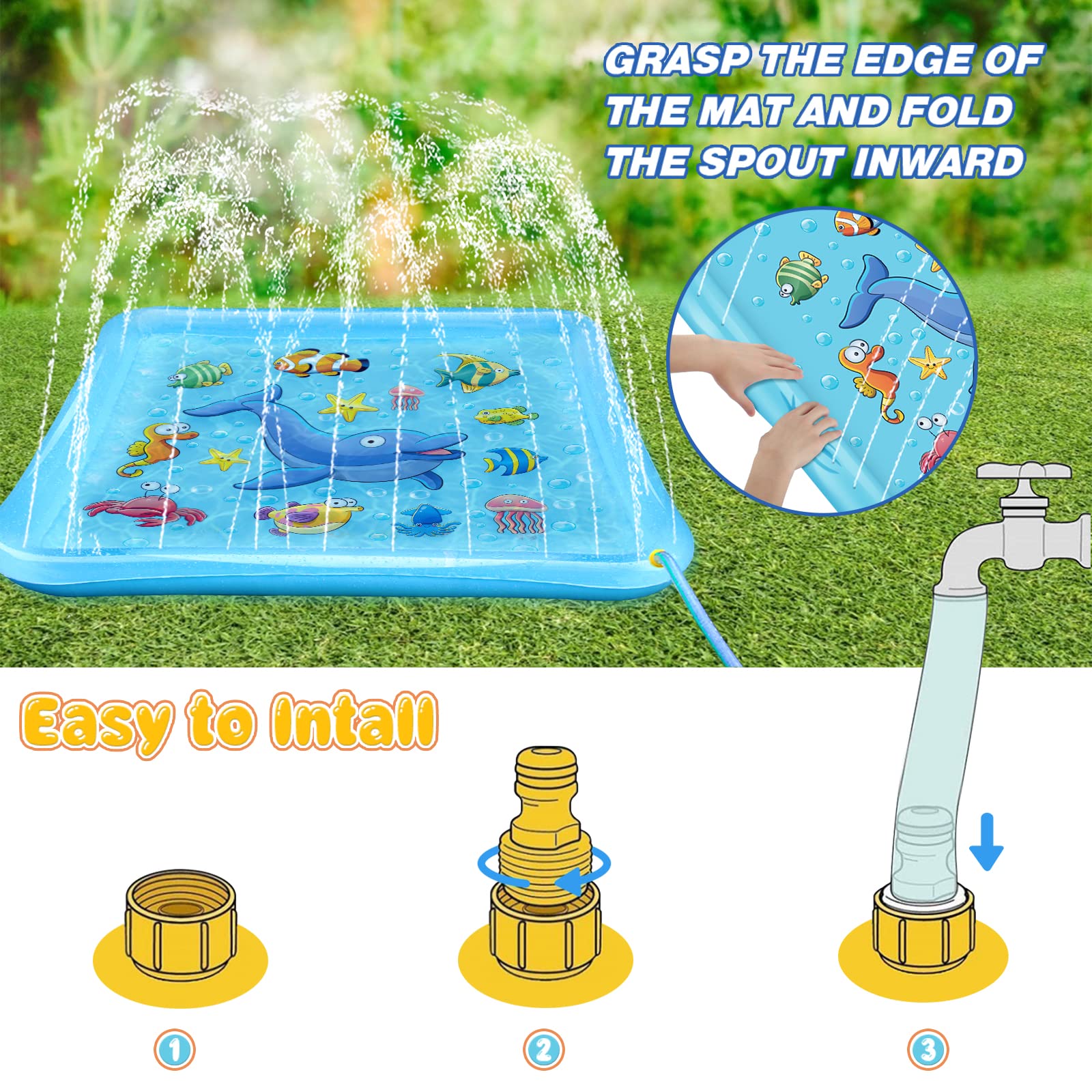 Growsland Splash Pad for Toddlers water-spray illustrates adjustable height for different ages.