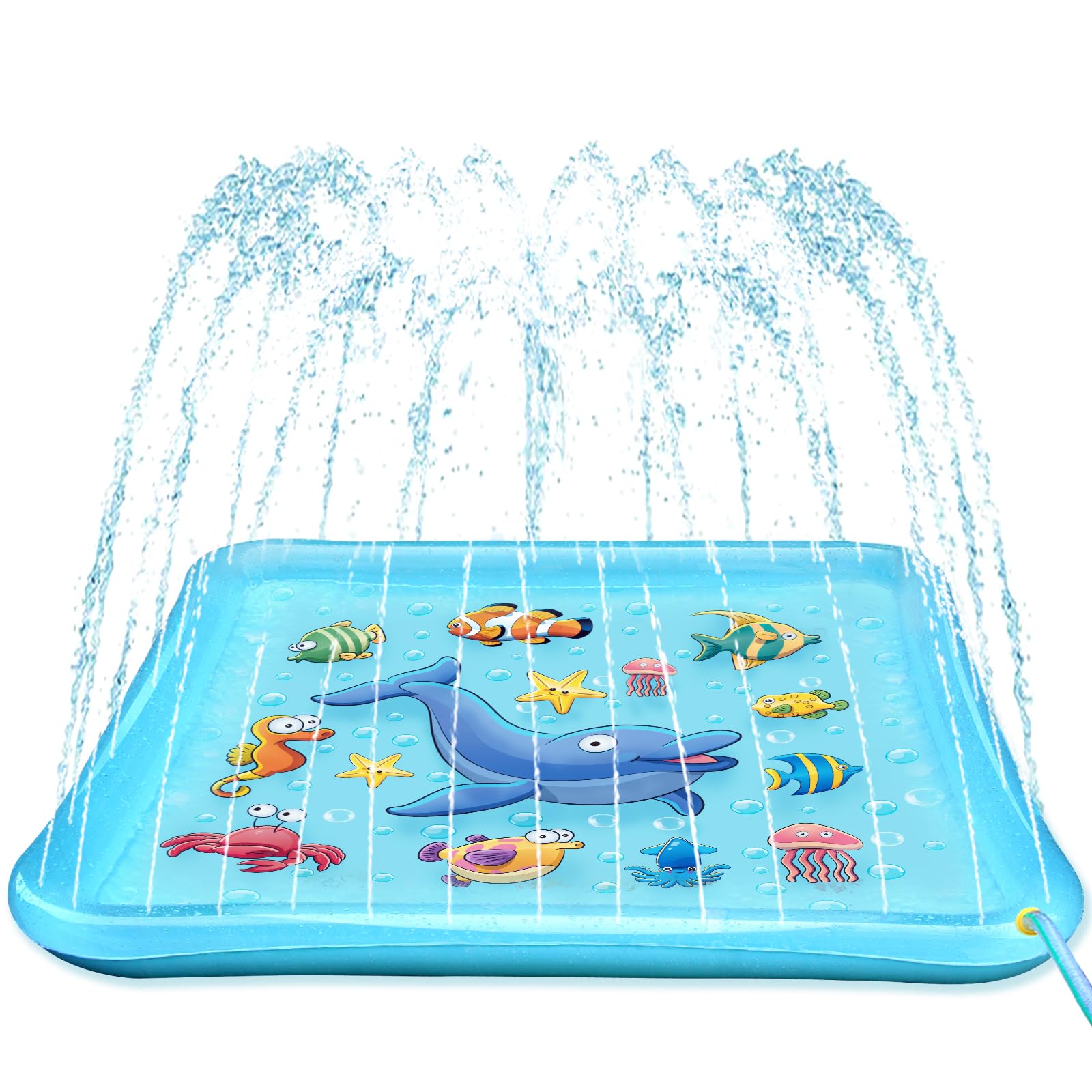 Growsland Splash Pad for Toddlers wide-shot showing ample backyard space for multiple kids.
