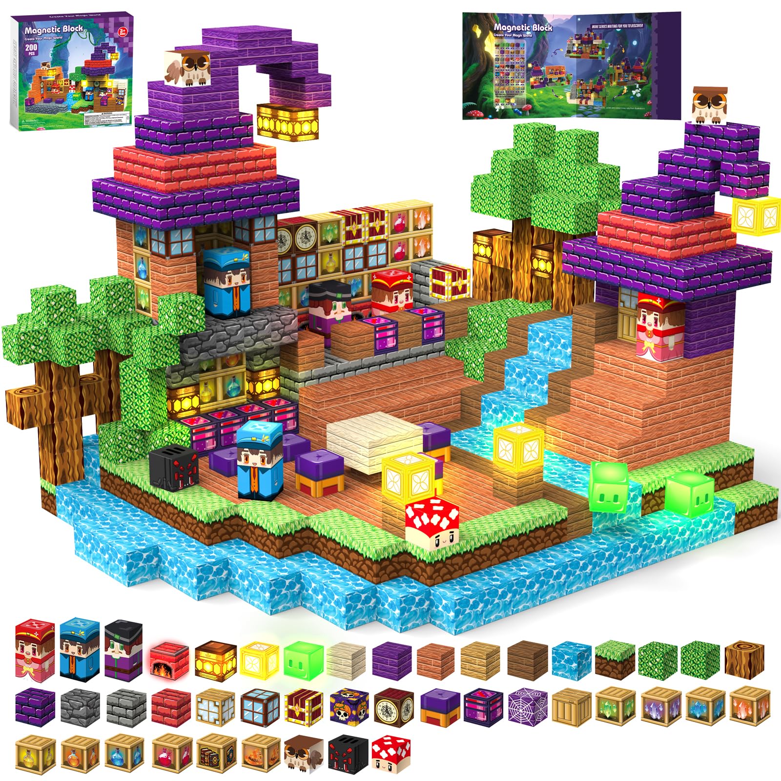Gryxpox 200pcs magnetic blocks light up to inspire castle building.
