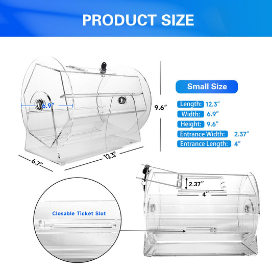 GSE acrylic raffle drum side view shows slim profile and stability.