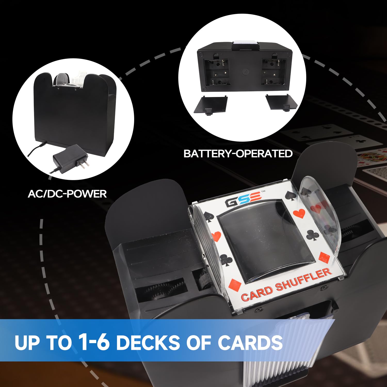 GSE shuffler supports AC/DC power for versatile setups.