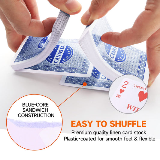 GSE Canasta blue-core cards highlight sturdy construction for long-lasting games.