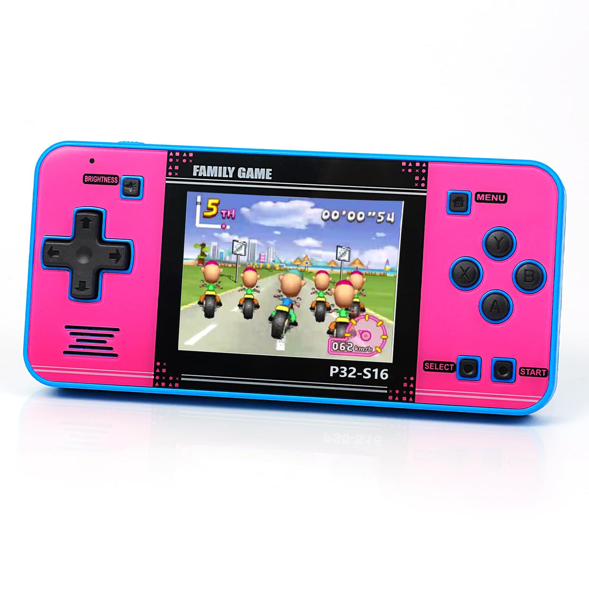 GuaiyeyeAP P32 handheld console front arcade view, kid-friendly design for play.