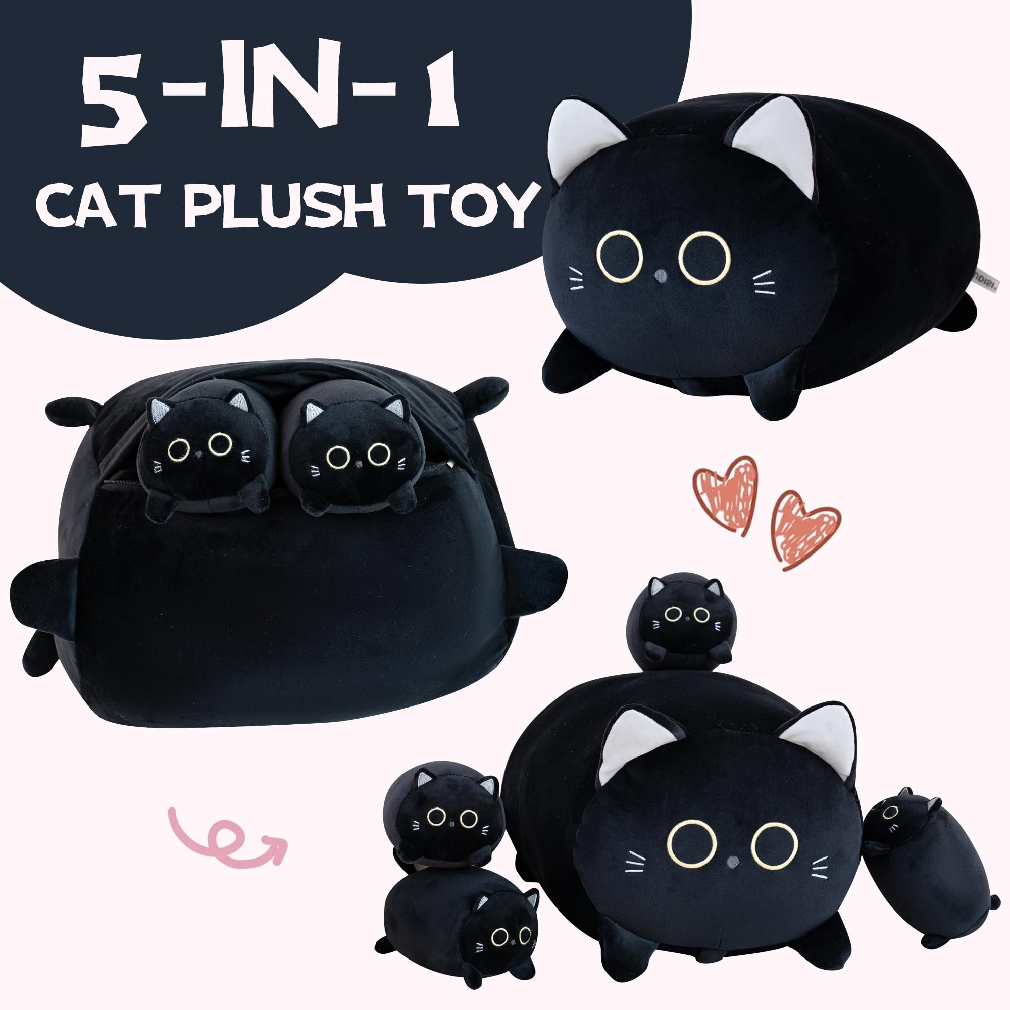 Gudisi Black Cat Plush reveals four hidden kitties for playful surprises.