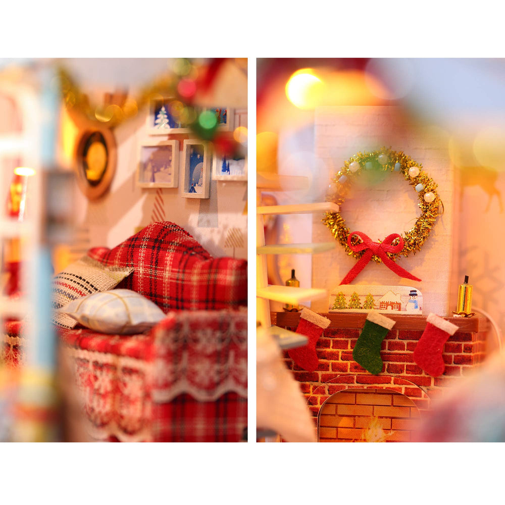 GuDoQi DIY dollhouse interior glimpse of sofas and snowman for warm decor.