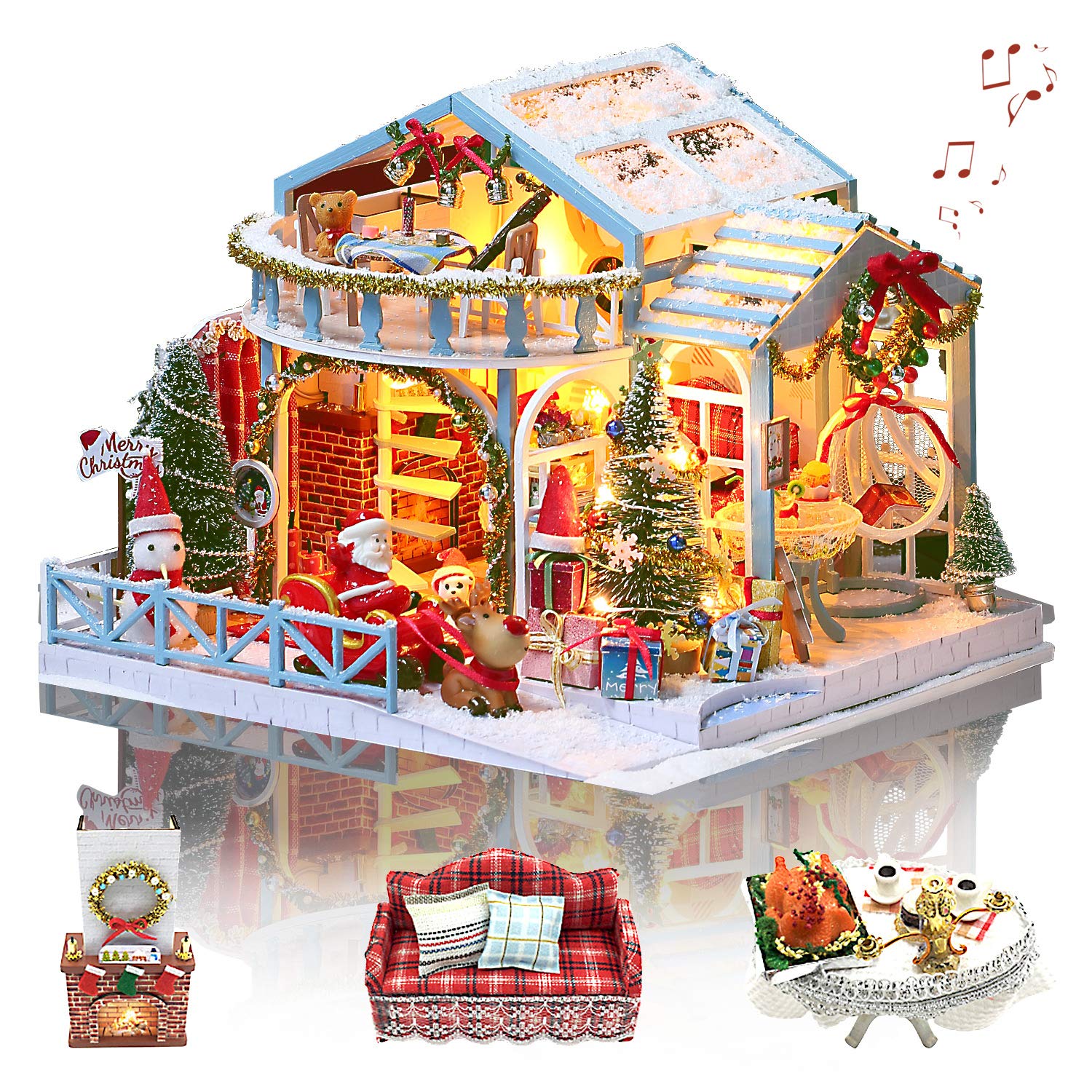 GuDoQi DIY Miniature Dollhouse Kit snowy roof scene, ideal festive table centerpiece.