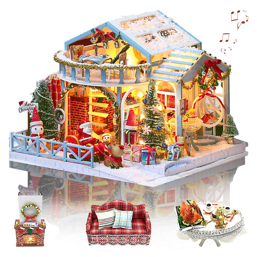 GuDoQi DIY Miniature Dollhouse Kit snowy roof scene, ideal festive table centerpiece.