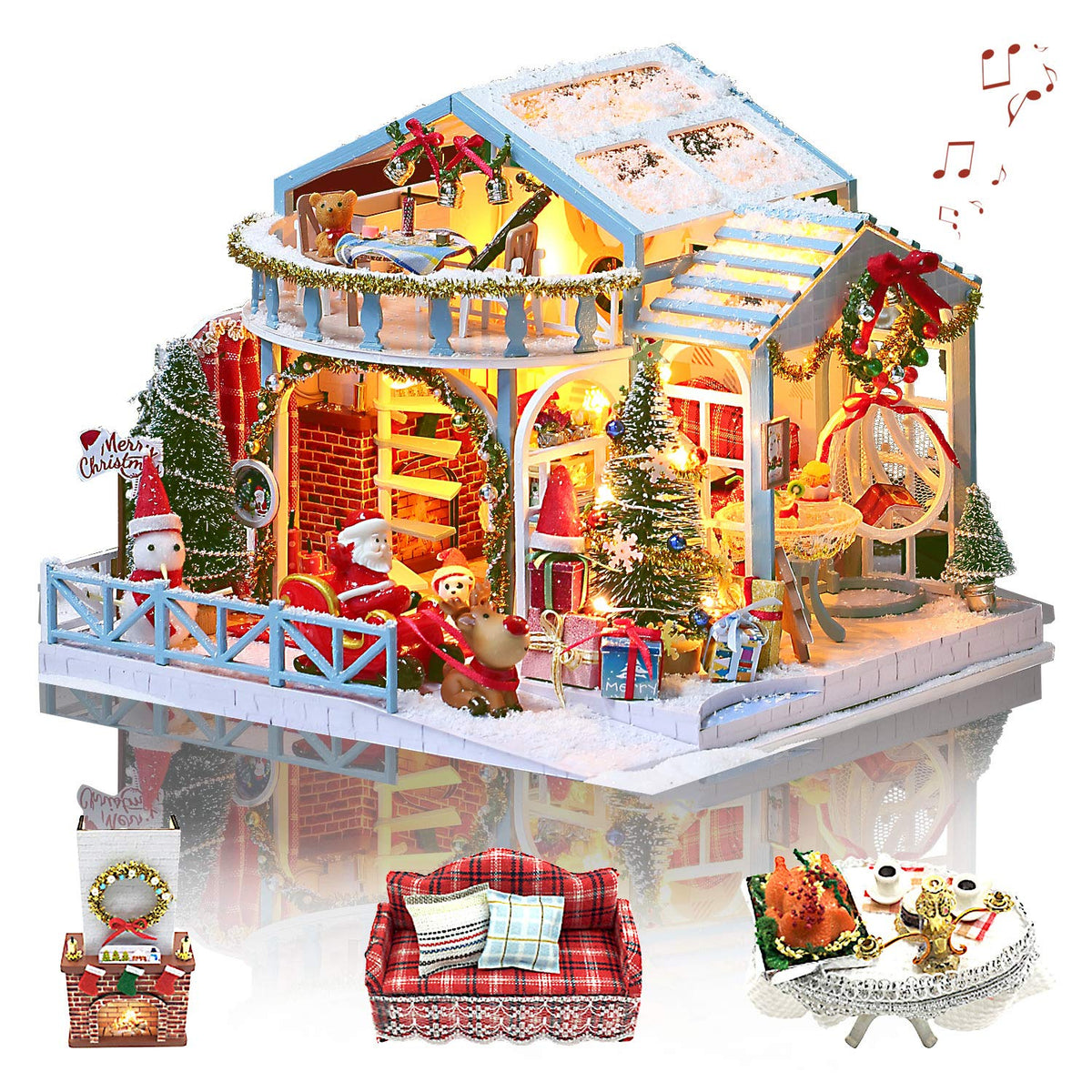 GuDoQi DIY Miniature Dollhouse Kit snowy roof scene, ideal festive table centerpiece.