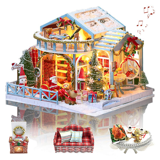 GuDoQi DIY Miniature Dollhouse Kit snowy roof scene, ideal festive table centerpiece.