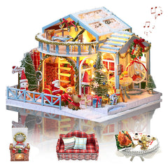 GuDoQi DIY Miniature Dollhouse Kit snowy roof scene, ideal festive table centerpiece.