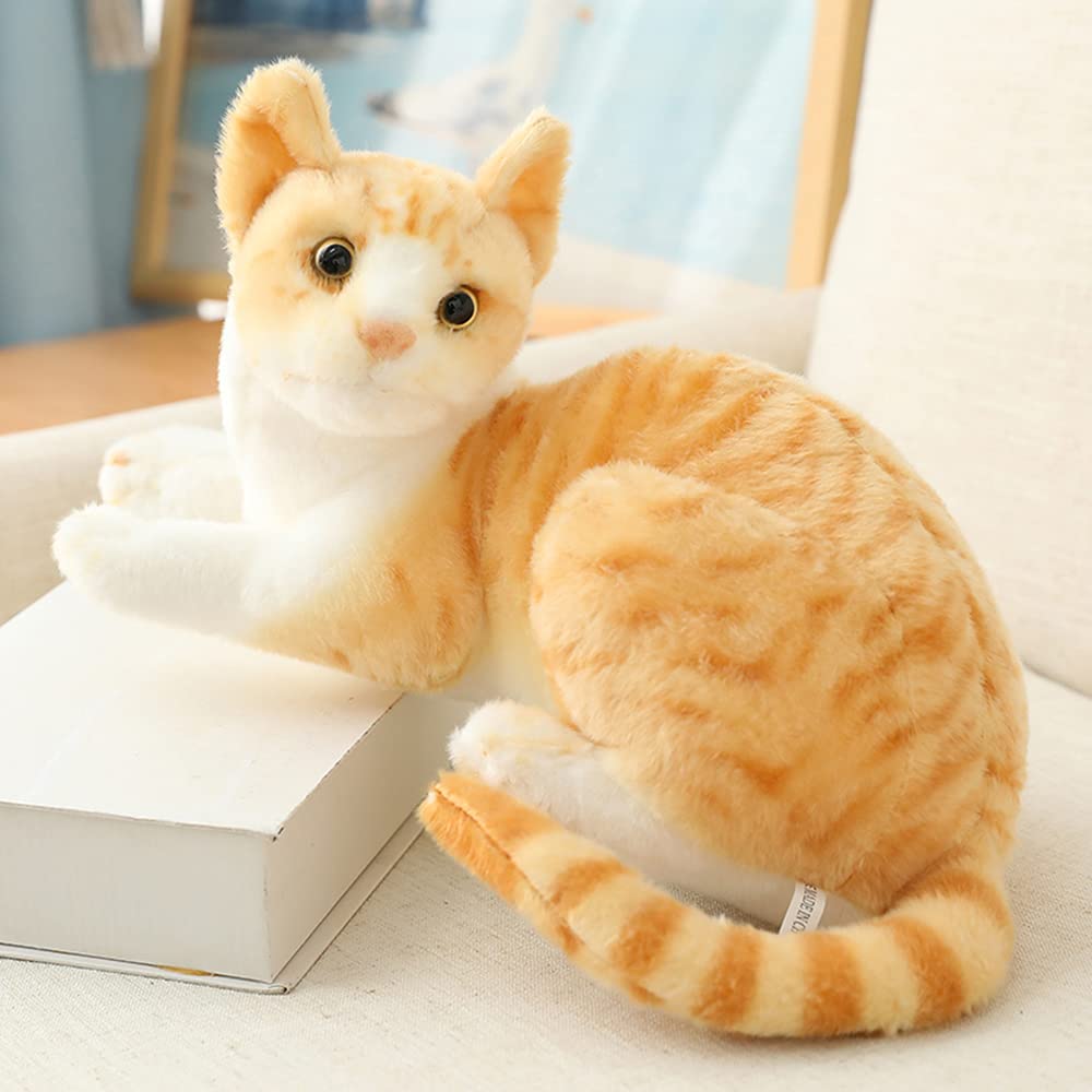 GUDVES orange tabby cat plush side view highlighting lifelike stripe details.