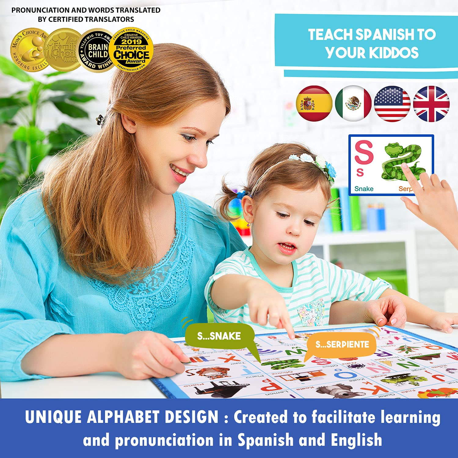 GUFINO Alphabet Wall Chart supports bilingual-learning with language exposure during play.