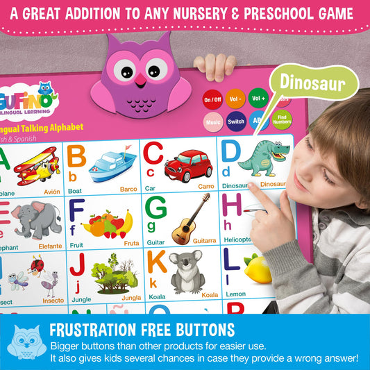 Gufino Alphabet Wall Chart touch-buttons demonstrates independent learning through responsive prompts.