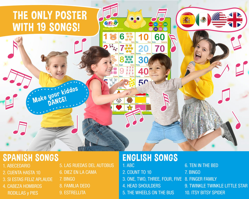 Gufino color shapes numbers English Spanish boosts early recognition.