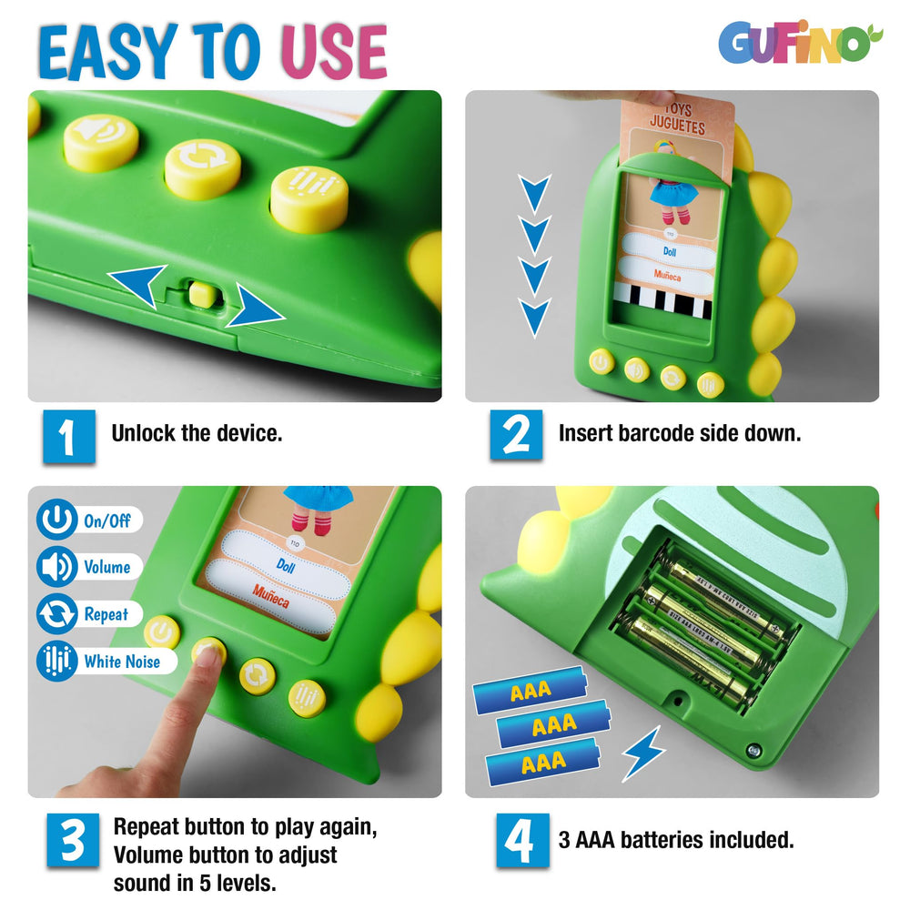GUFINO interactive flashcards encourage learning through sound and images.