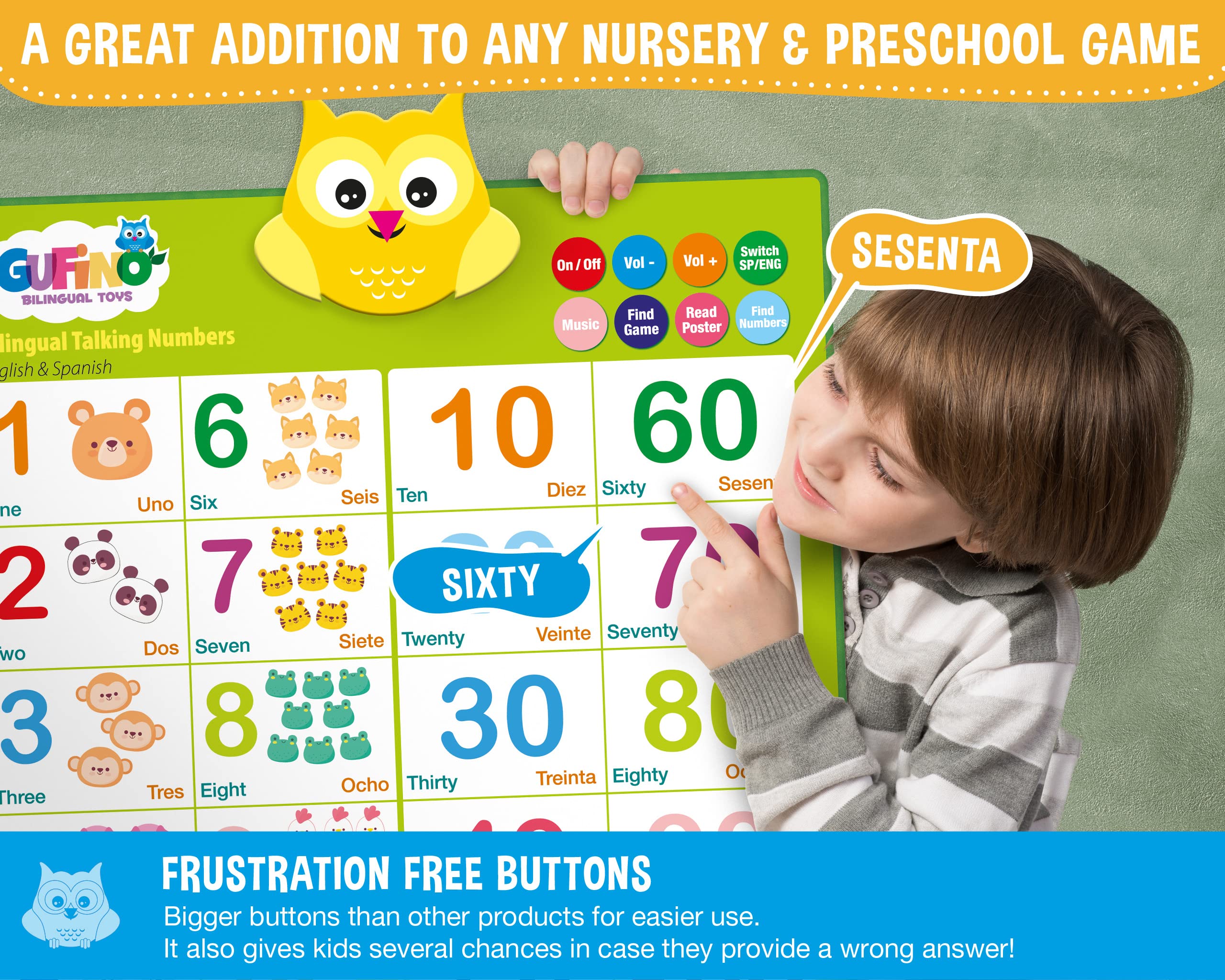 Gufino interactive Spanish-English toddler toy for immersive bilingual play.