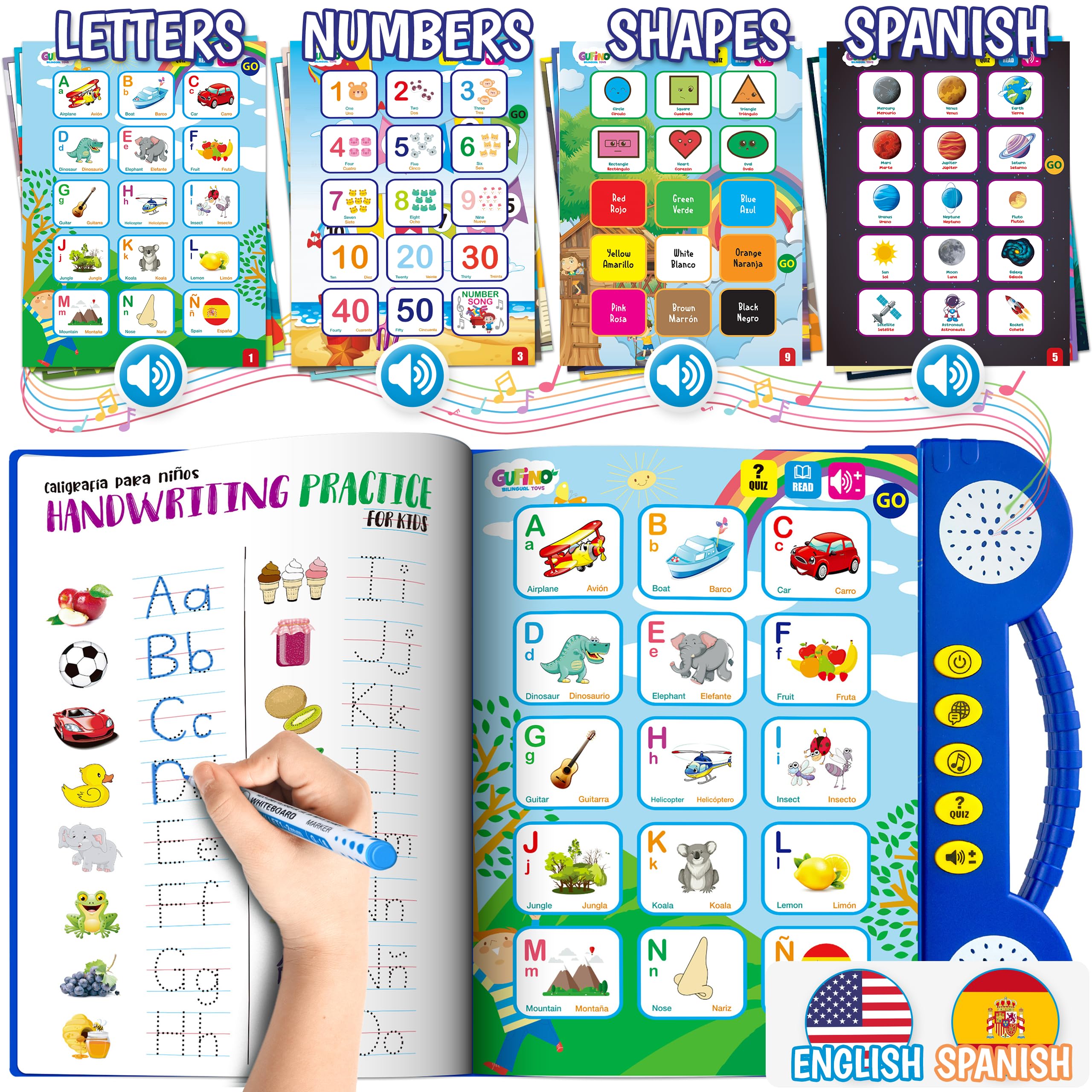 Gufino Spanish learning kids book cover showcasing colorful letters and friendly design