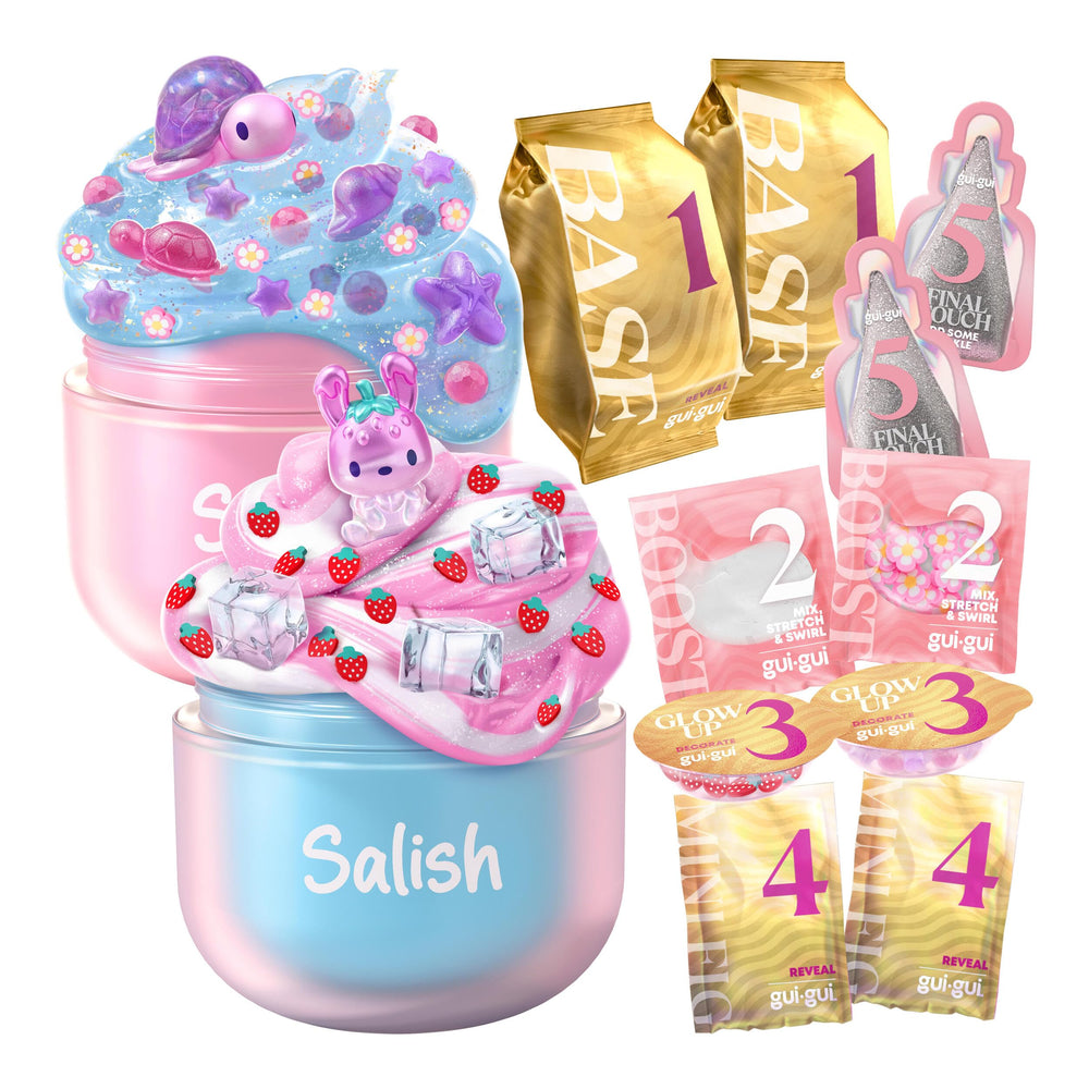 Gui Gui front packaging showing Clear and Gloss bundle benefits and charms