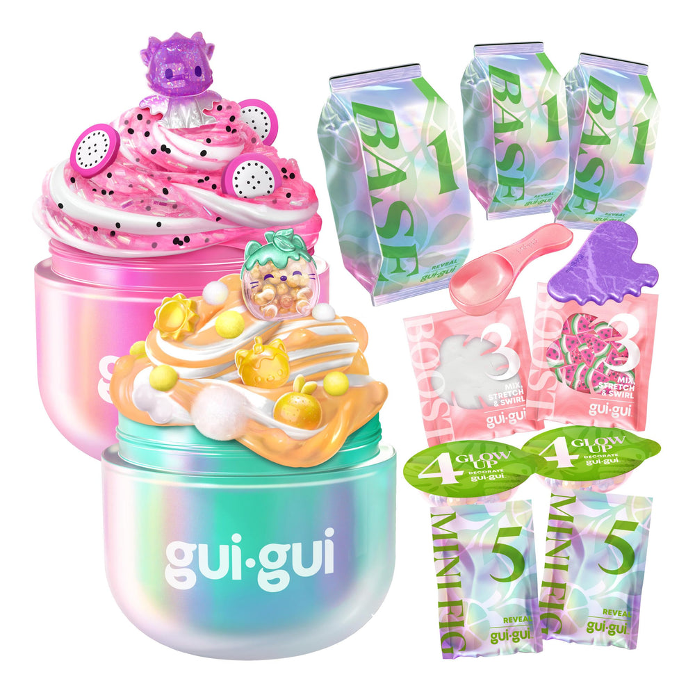 Gui Gui front packaging showing both Gloss and Crunch slimes and benefits