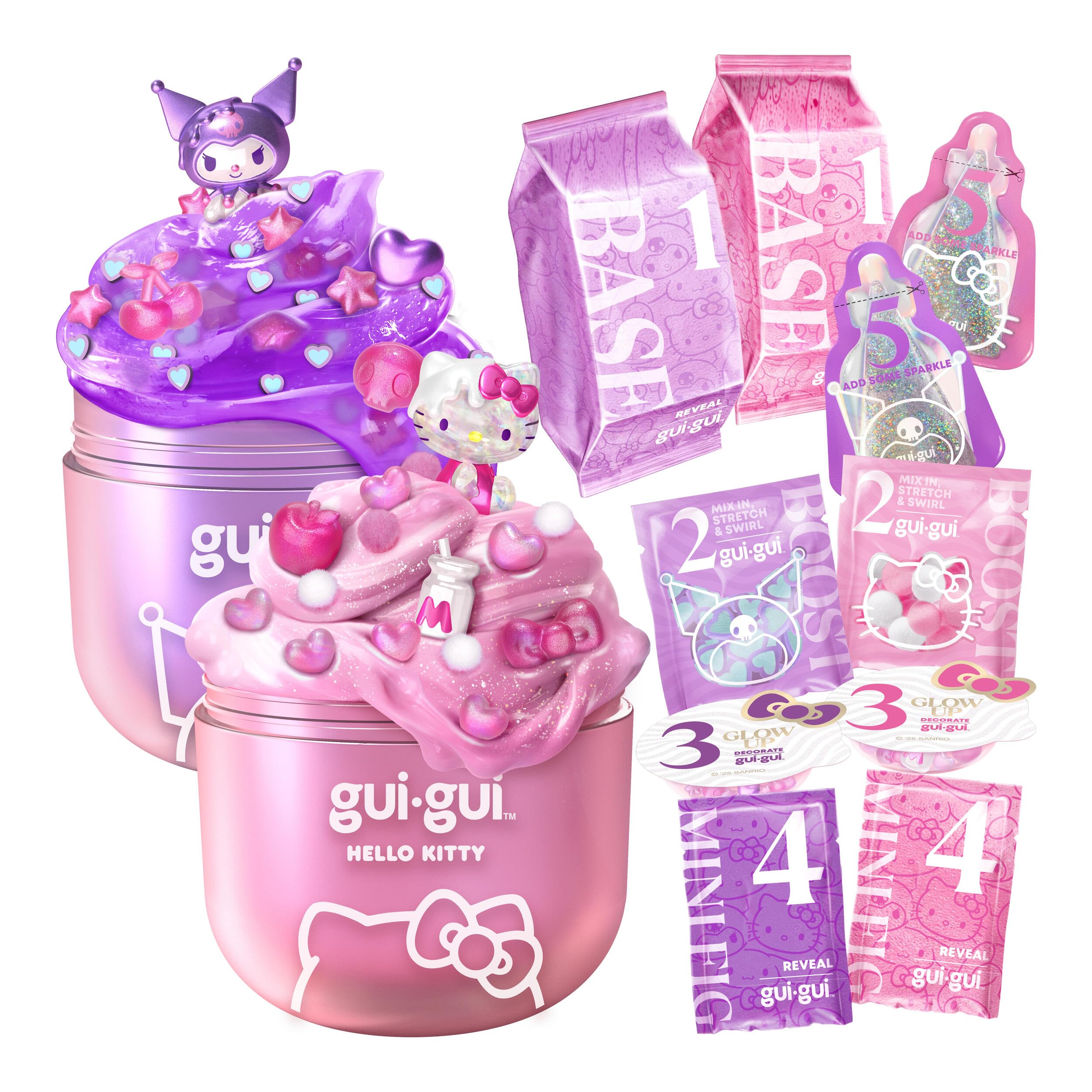 Gui Gui Hello Kitty front view showing glossy pink slime and charms for kawaii play