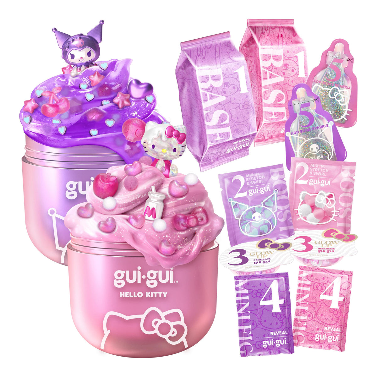 Gui Gui Hello Kitty front view showing glossy pink slime and charms for kawaii play