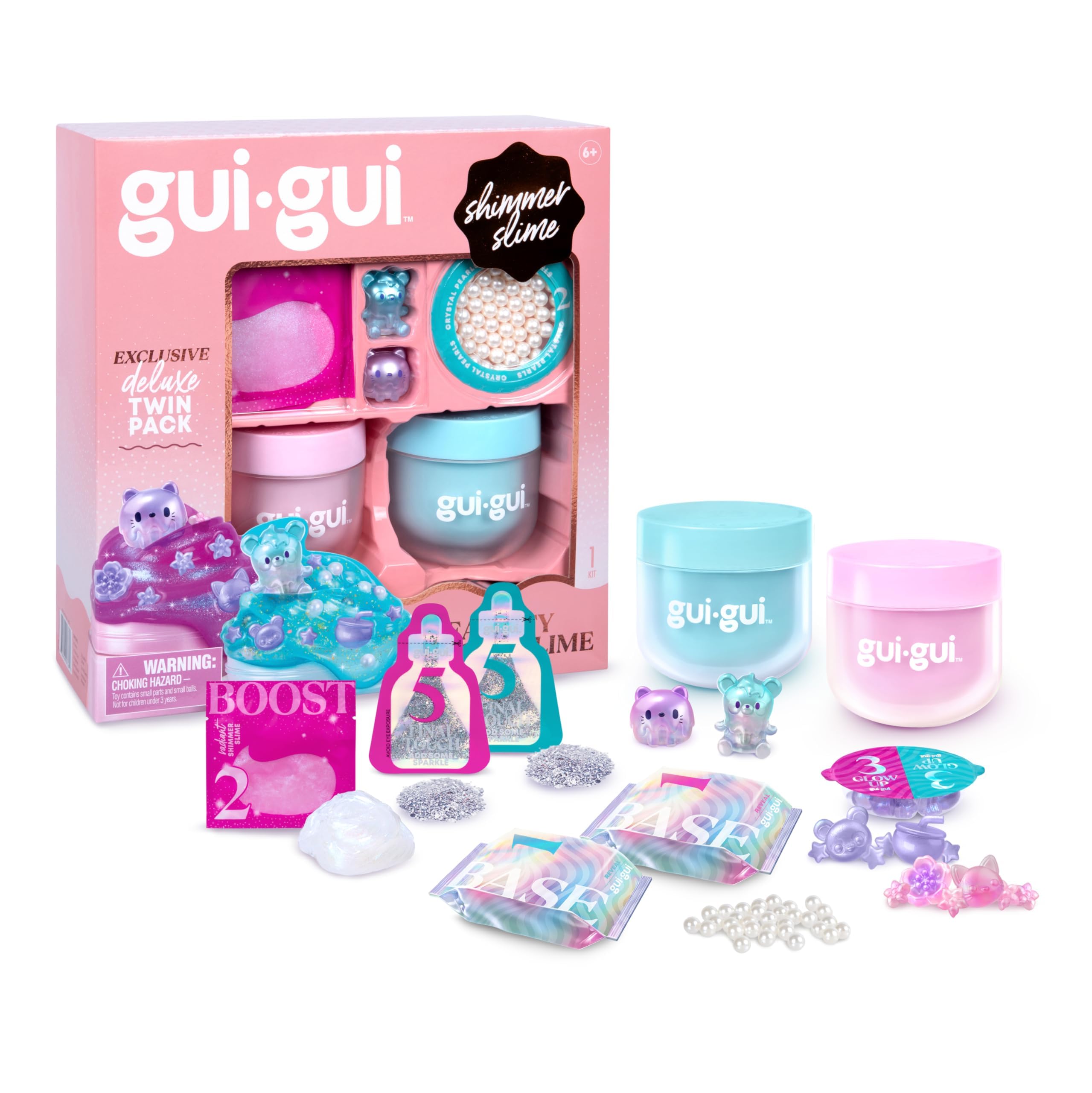 Gui Gui Shimmer Deluxe Duo Pack opens to reveal two iridescent slimes for a vibrant glow-up.