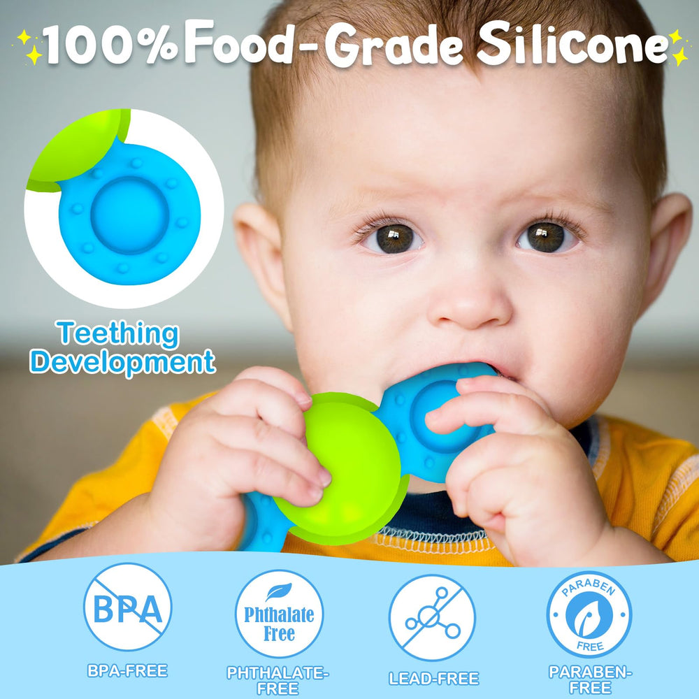 Guibola suction cup spinner toy on high chair invites stacking play.