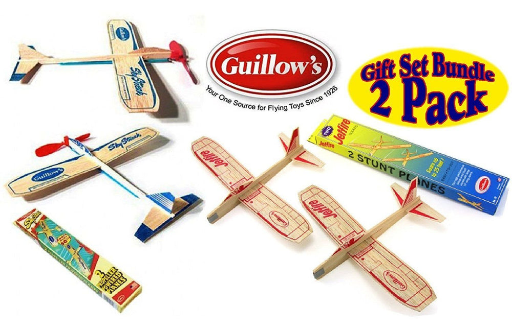Guillow's Jetfire twin-pack gliders soaring outdoors for backyard fun