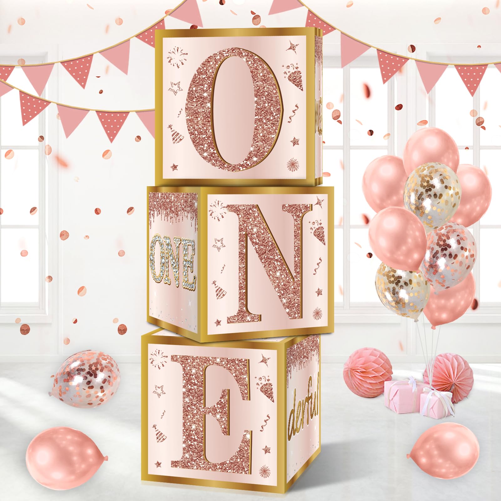 Guiruiy 3Pcs pink rose gold first birthday boxes ready to elevate party decor.