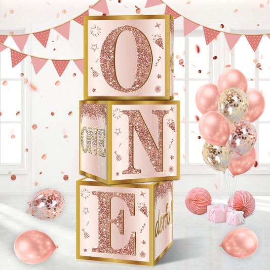 Guiruiy 3Pcs pink rose gold first birthday boxes ready to elevate party decor.