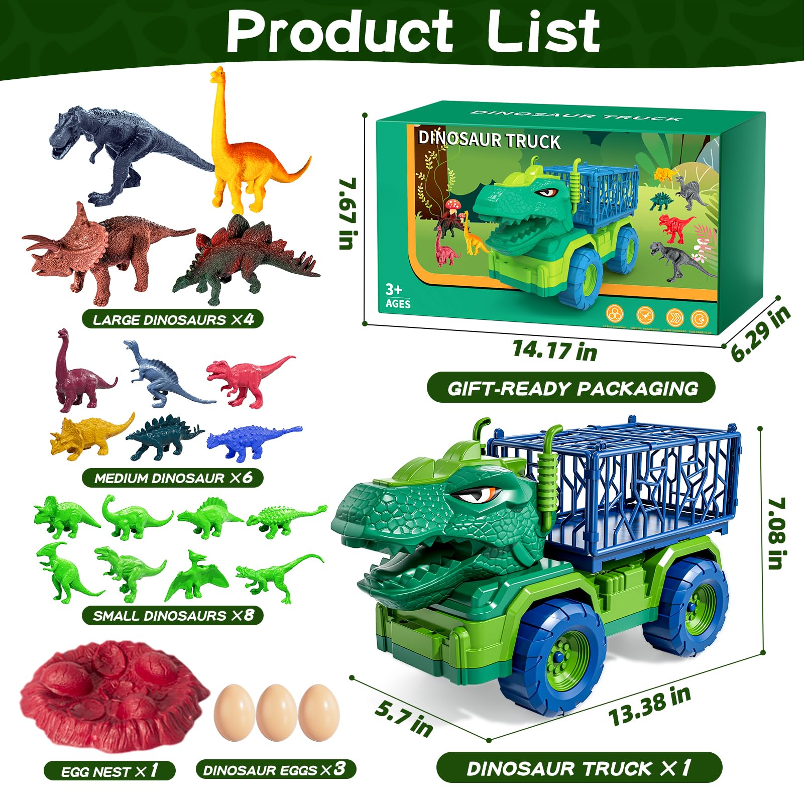 Guminnara 22-in-1 t-rex truck carrier with 18 dino figures fosters imaginative play