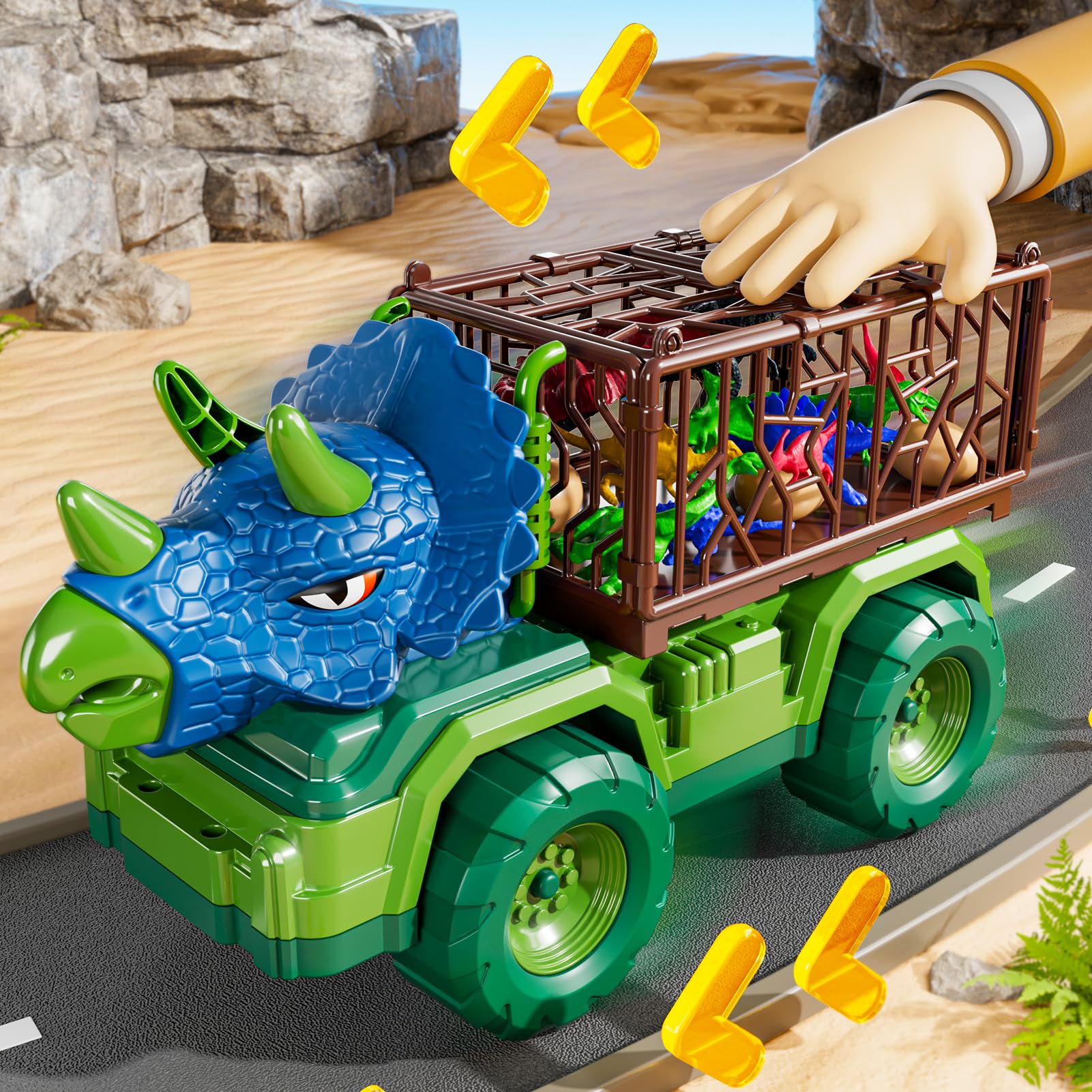 Guminnara 22-in-1 Triceratops Truck rugged wheels for indoor outdoor play.