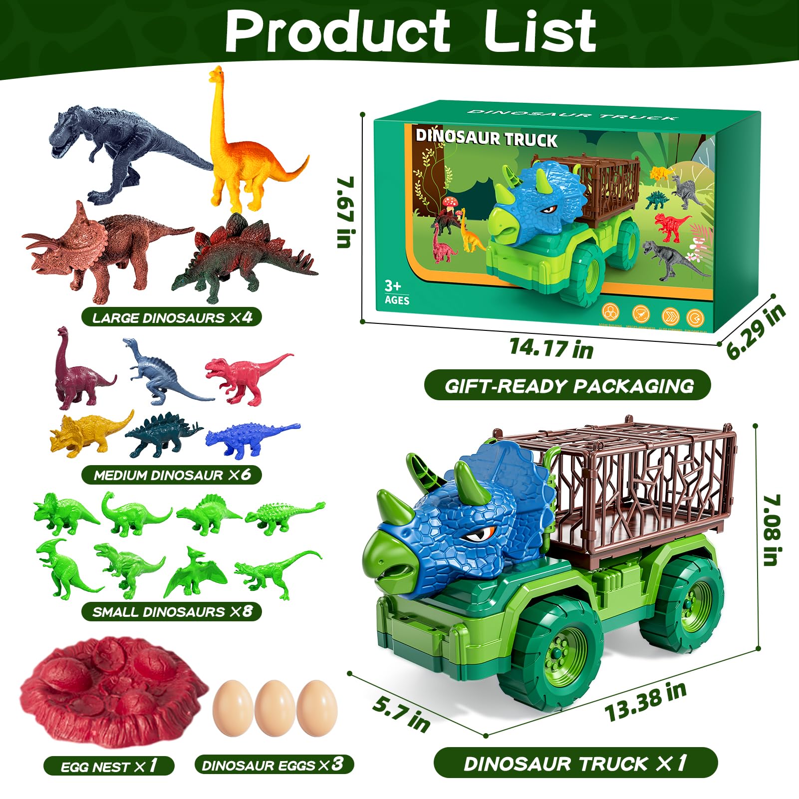 Guminnara 22-in-1 Triceratops Truck rear cage with 18 figures for pretend capture adventures.