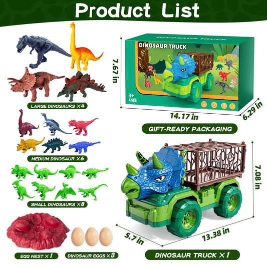 Guminnara 22-in-1 Triceratops Truck rear cage with 18 figures for pretend capture adventures.