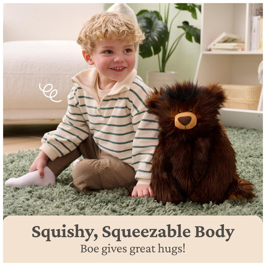 Boe teddy bear features multi-tone plush and refined look for kids.