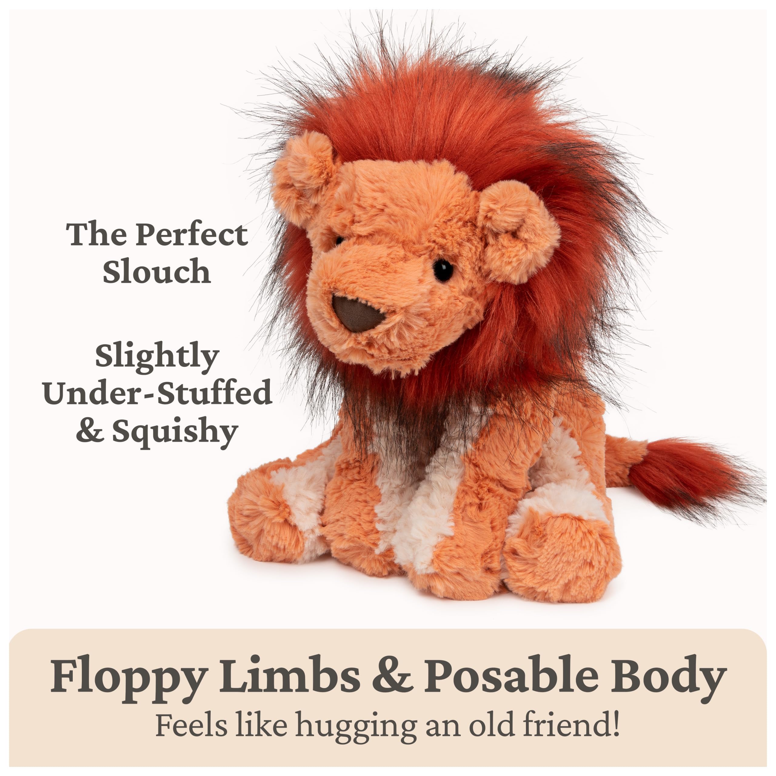 GUND Cozys Lion features floppy limbs for easy cuddling.